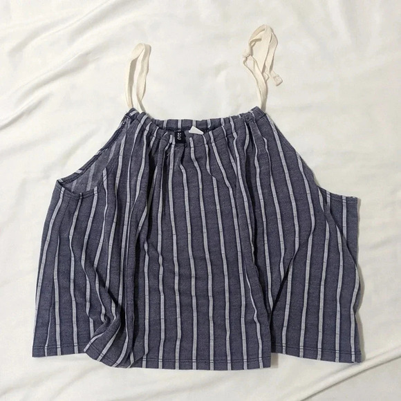 BDG Striped Chambray Crop Top, Color Blue/Gray, Size XS - Picture 1 of 9